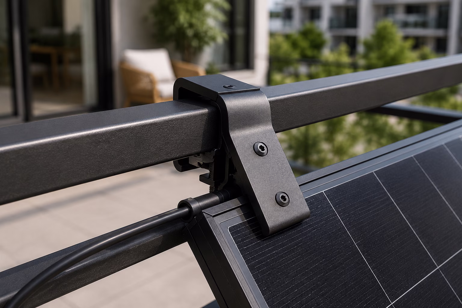 Close-up of a premium balcony railing clamp system holding a solar panel securely without drilling